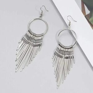 Silver Tassel Hoop Drop Long Statement Earrings